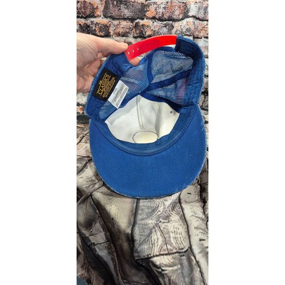 Hurley Snapback Mesh Trucker Hat 2 Stripe Denim Blue Red Baseball Cap Patch EUC - Picture 3 of 4